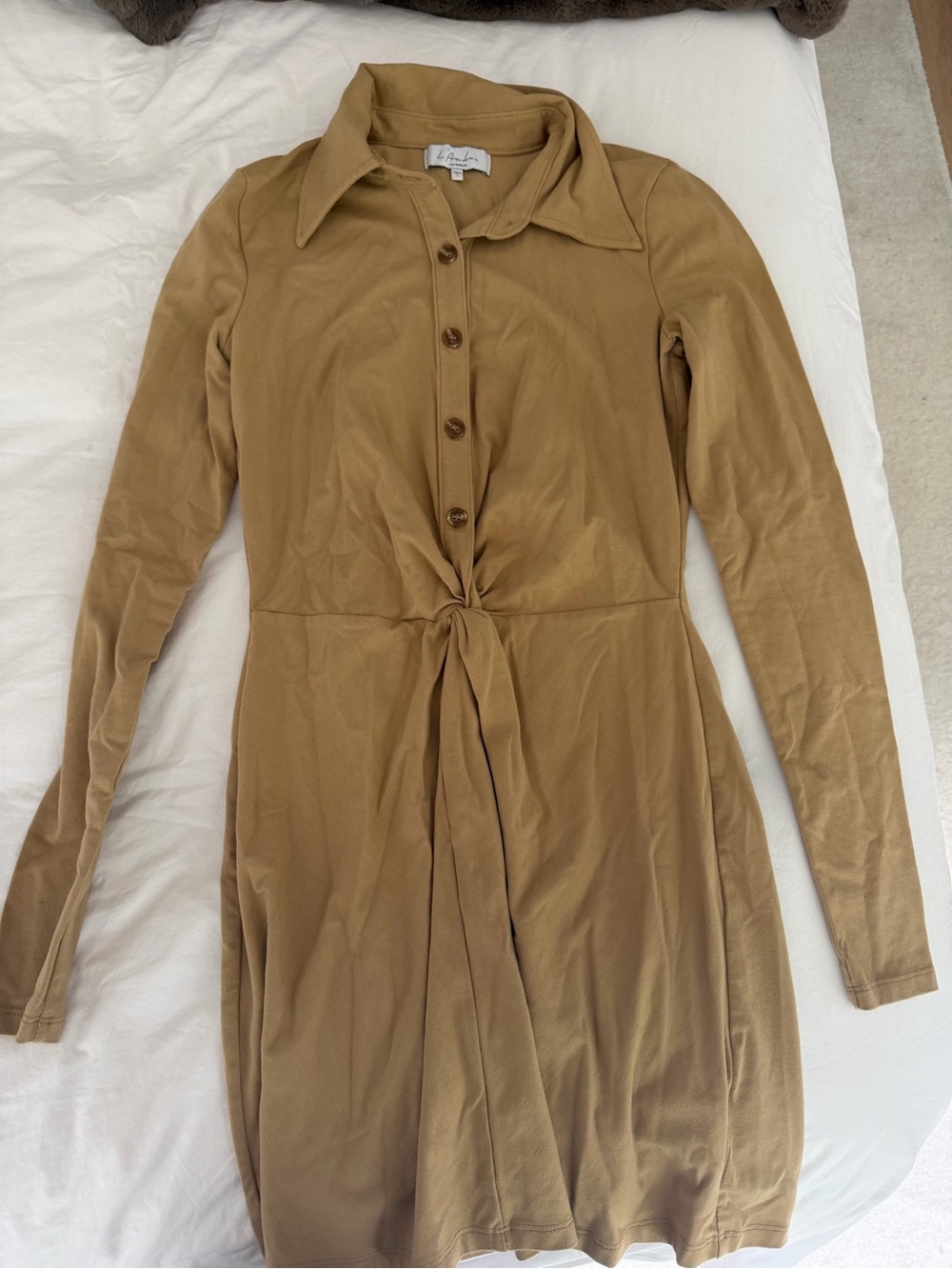 La Vie En Rose Tan Long-Sleeve Tie-Front Shirt Dress